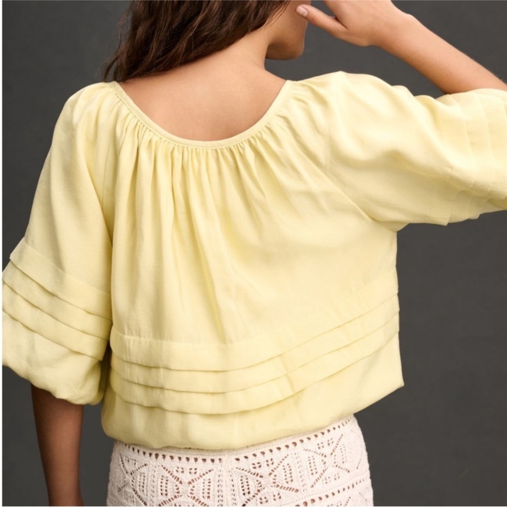 ANTHROPOLOGIE Maeve Short Sleeve Bubble Tiered Top Yellow Off The Shoulder Top L - Picture 2 of 9